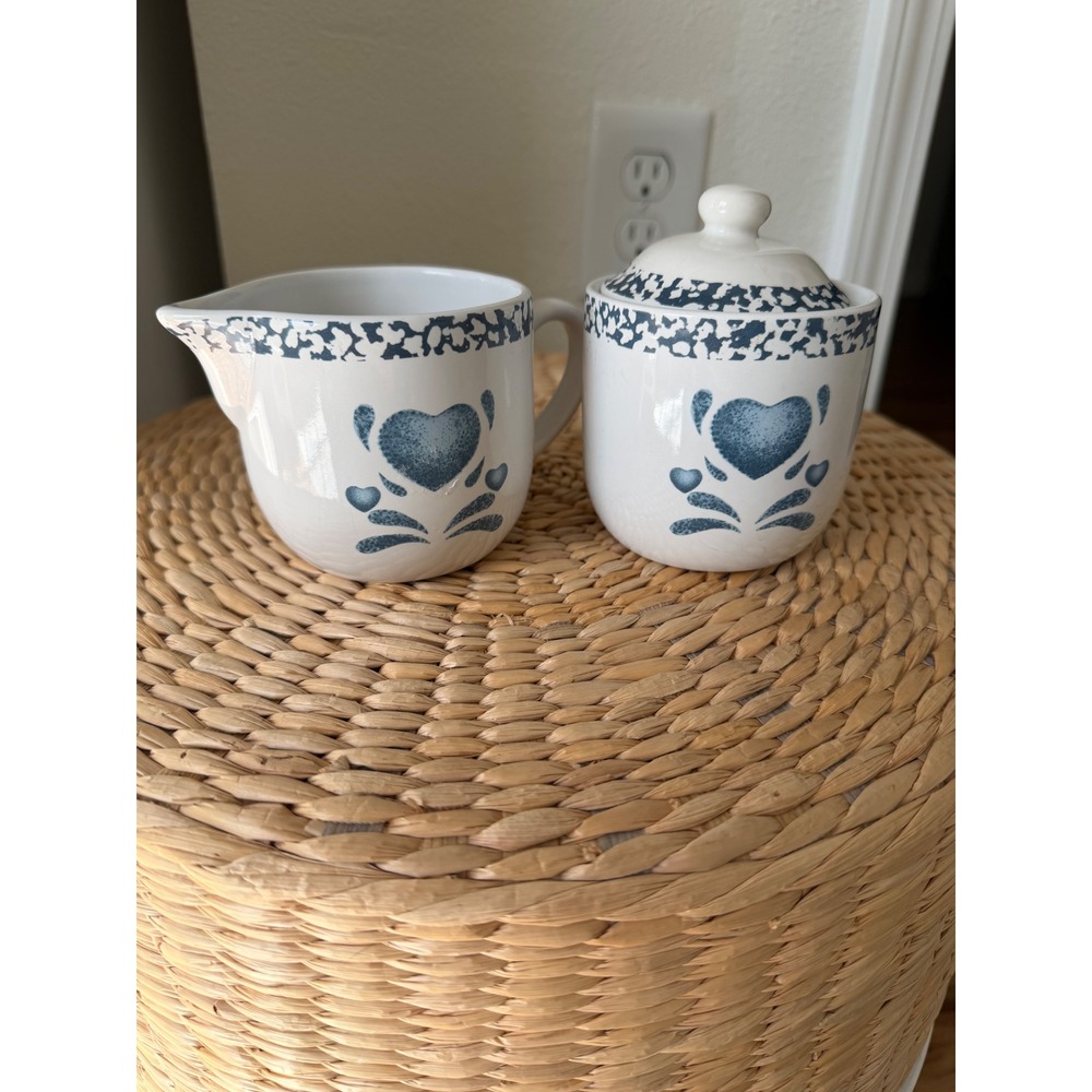 Jay Import Blue Heart Creamer and Sugar Bowl Set White Ceramic Country Farmhouse